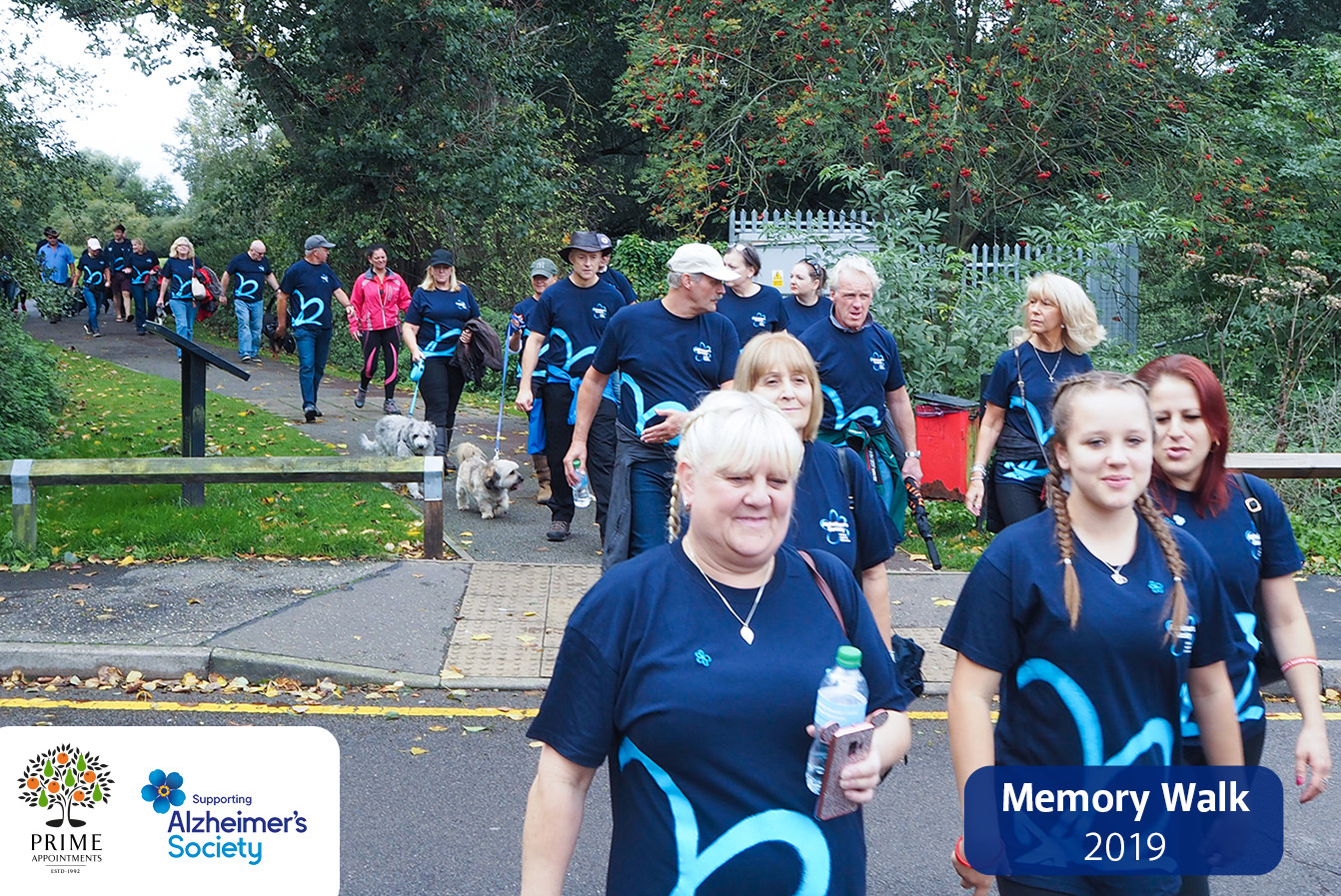 Prime Appointments Alzheimer's Memory Walk 2019, group of people walking in blue Alzheimer's t-shirts