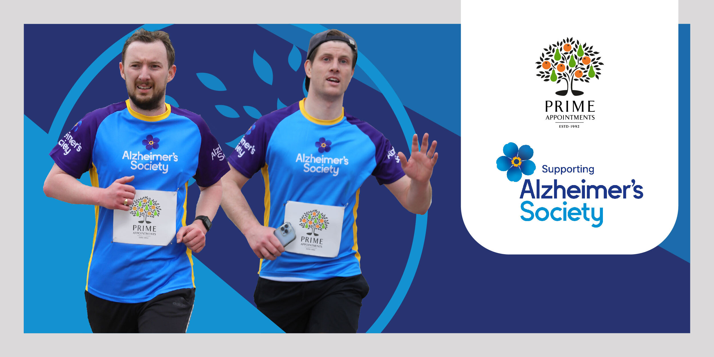 Image of Craig Turnbull and Jack O'Brien running in their Alzheimer's T-shirts with Prime Appointments on